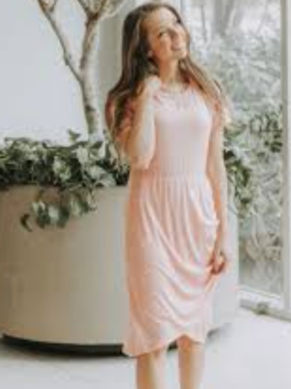 Light Pink Midi Dress with Gathered Waist